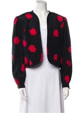 Vintage 100% Silk Neiman Marcus Cropped Jacket with Red Floral Appliqué Sz 6